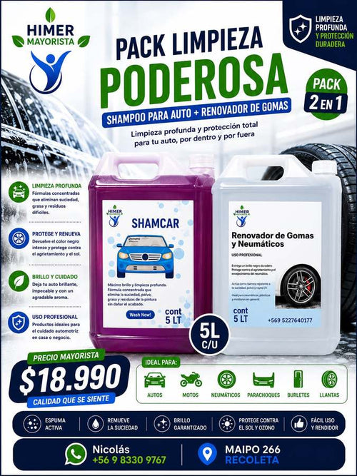 Pack limpieza poderosa auto + renovador de gomas