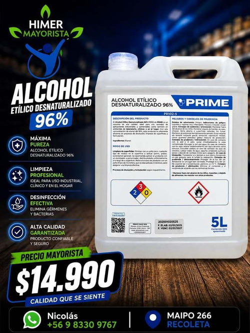 Alcohol etílico desnaturalizado 96% Prime 5 L