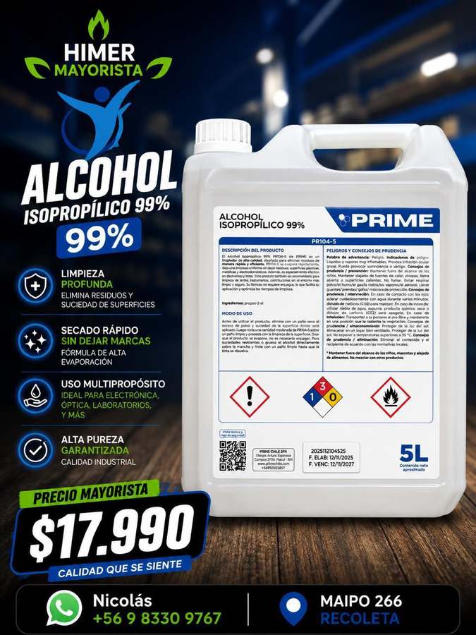 Alcohol isopropílico 99% Prime 5 L