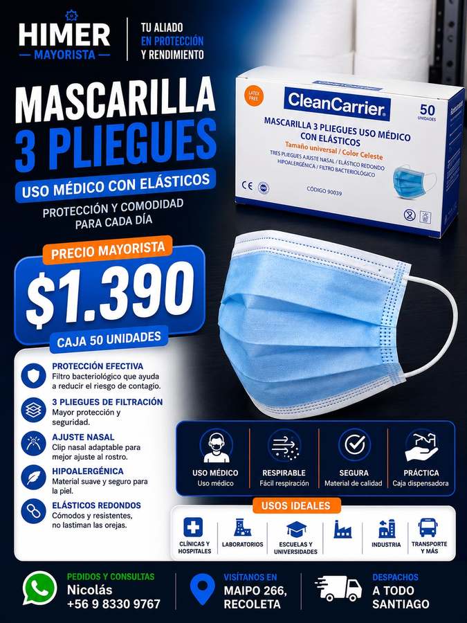 Mascarilla 3 pliegues CleanCarrier 50 unidades