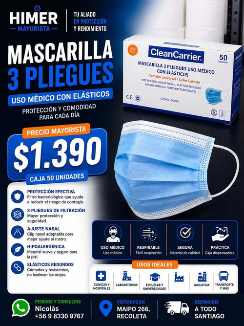 Mascarilla 3 pliegues CleanCarrier 50 unidades